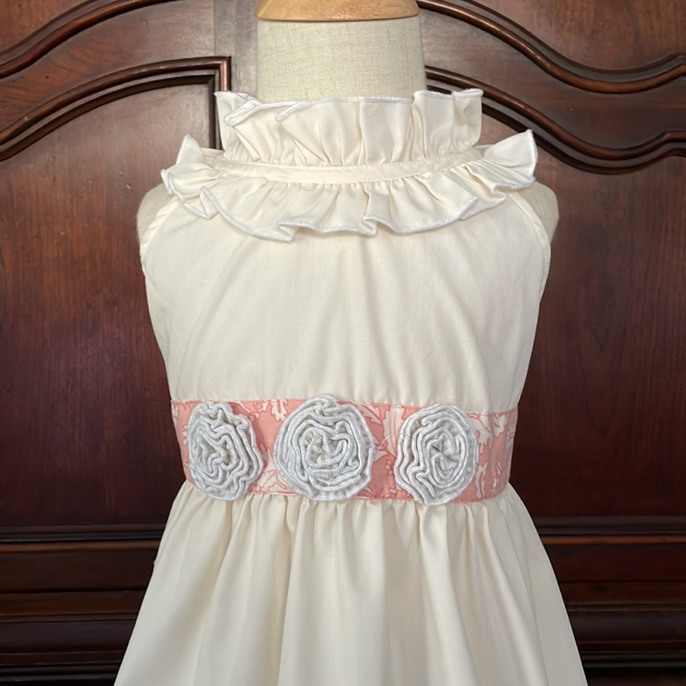 Millie Jay Size 6 Tunic Top Cream Pink Rosette Ruffle Neck Boutique Girls